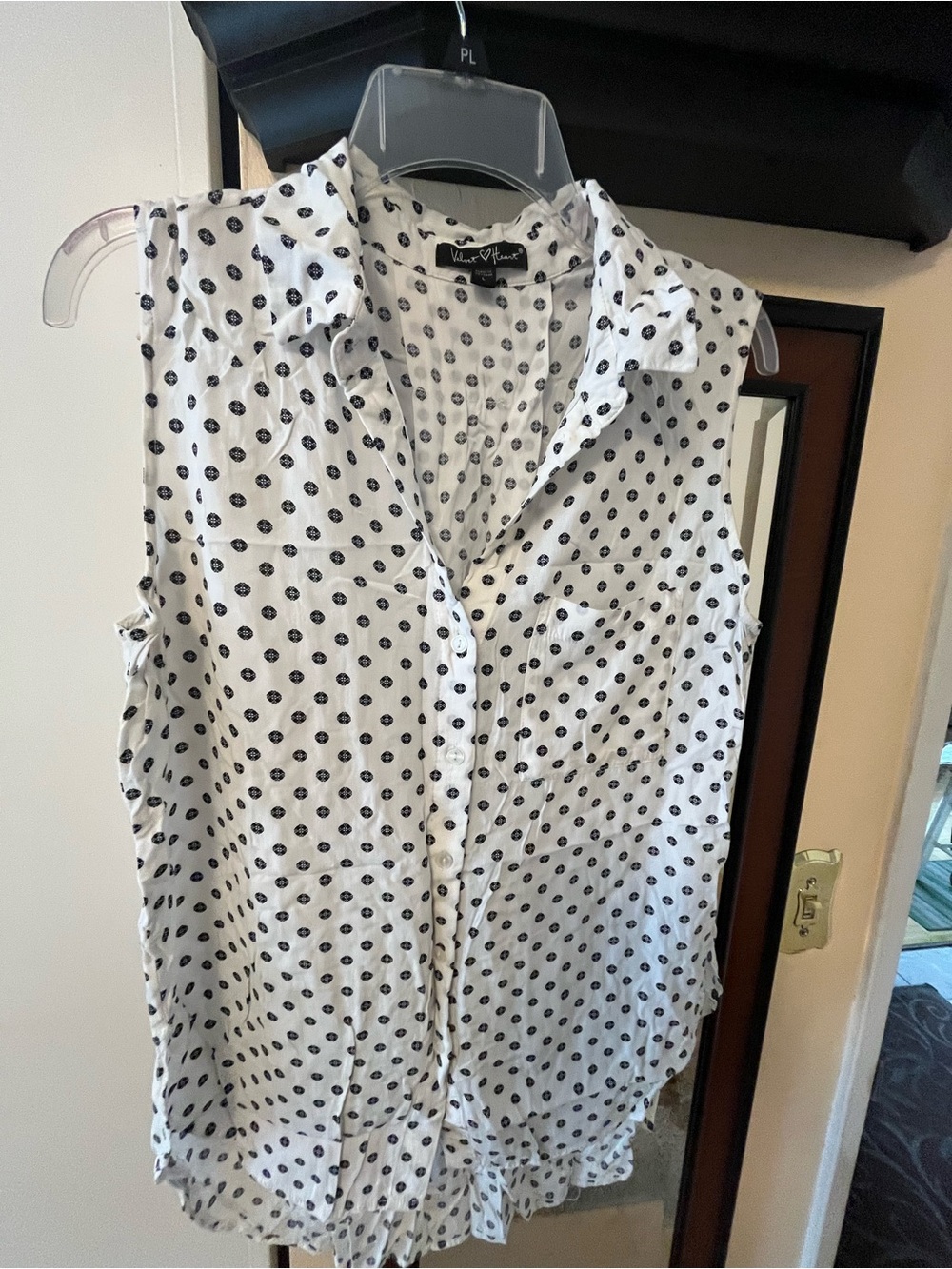 Velvet Heart White Sleeveless Button-Down with Black Polka Dots